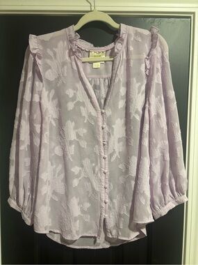 Maeve Lavender Floral Jacquard Ruffle-Trim Blouse
